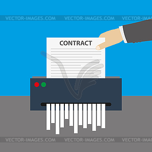 Hand inserts contract document into paper shredder, - vector clipart