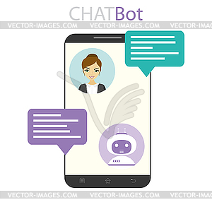 Female and chatbot on cell phone screen - vector image