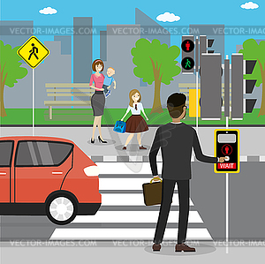Different pedestrians in crosswalk, - vector clipart