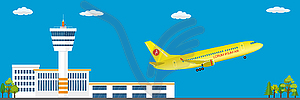 Airport buildings, control tower, runway and - vector clipart
