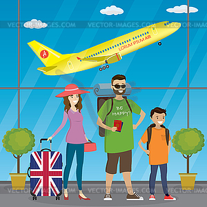 Cartoon caucasian family of travelers at airport - color vector clipart