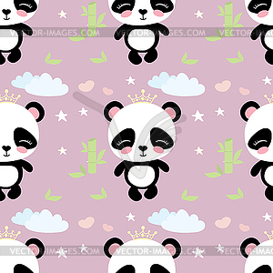 Cute panda bear with crown and bamboo Seamless - vector clipart