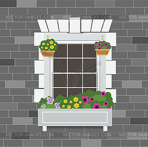 Old brick wall facade,window and flowers in pots - vector clip art