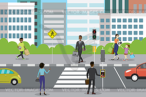 Different people walk and stand,cars on road - vector image