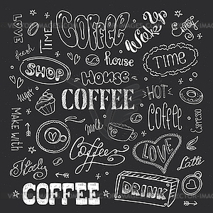 Big coffee set, design on blackboard - vector clip art