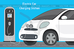 Modern Electric Car and Charging Station - vector image