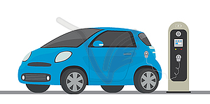 Blue electric car and charging station,modern eco - color vector clipart