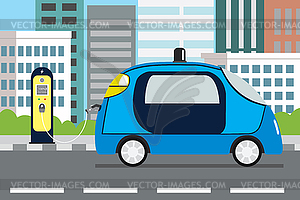 Charging blue futuristic electric car,city view on - vector image