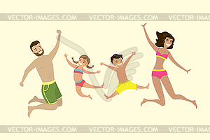 Happy caucasian family jumping in swimsuits, - vector image