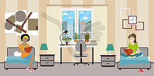 Cartoon teen female students in dormitory room. Gir - vector clip art