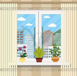 Window with curtain and flowers in pots - vector image