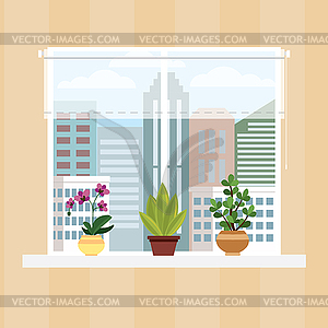 Wall of room with window,curtain and pots with - vector image