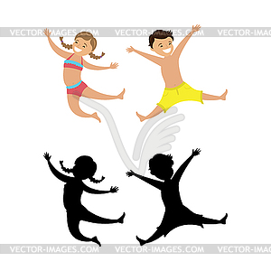 Jumping children in swimsuits and silhouettes, - vector clipart