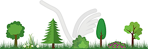 Nature landscape- Trees, bushes, flowers and grass, - vector clip art