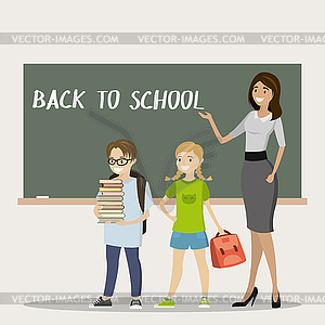 Caucasian female teacher,schoolboy and schoolgirl i - vector image