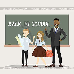 African american male teacher,schoolboy and girl - vector clipart