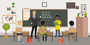 School room interior,Teacher and Pupils at lesson - vector clipart