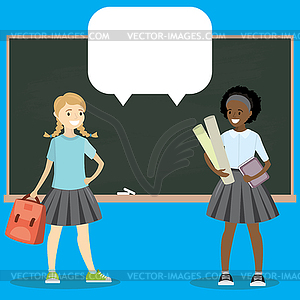 Two smiling schoolgirls is standing by school board - vector image