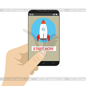 Rocket on mobile screen,startup concept - vector image