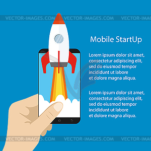 Rocket on mobile screen,startup concept - vector clipart