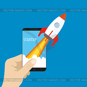 Rocket on mobile screen,startup concept - vector clip art