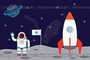 Космический корабль и космонавт на новой открытой планете - векторное изображение клипарта