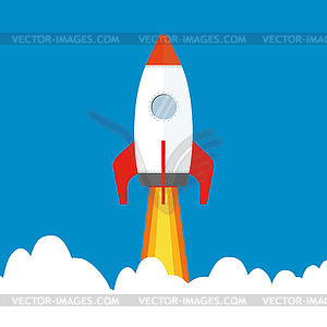 Cartoon rocket flying in sky, - vector clip art