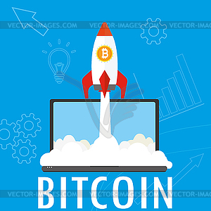 Take-off rocket and laptop,bitcoin concept - vector clipart / vector image