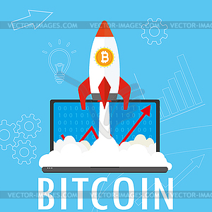 Take-off rocket and laptop,bitcoin concept - vector image