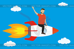 Happy man is sitting on flying rocket - vector clipart