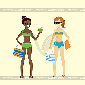 Cartoon caucasian and african american girls in - vector image