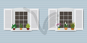 Windows and pots with flowers - vector clipart