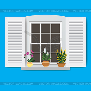 Window with flowers in pots - vector clip art