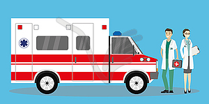 Two paramedics workers near ambulance car,modern - vector image