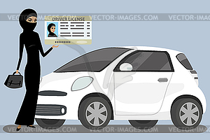 Arabic woman with Driving license and modern white - royalty-free vector clipart