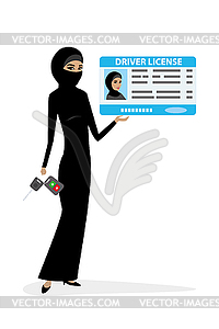 Arabic woman with driver license and with car key - vector clipart