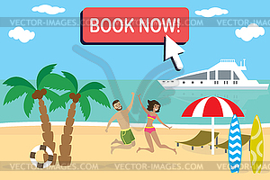 Couple of people in swimsuits jumping with joy - vector clipart