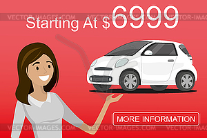 Beautiful woman Car seller and modern white auto - vector clipart