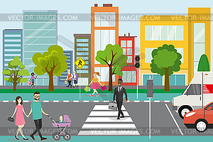 City street with pedestrians and road with - vector clipart