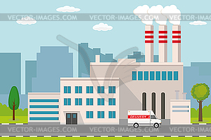Промышленный завод. Вид на город на - цветной векторный клипарт