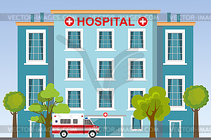 Ambulance car,hospital or clinic building with - vector clipart