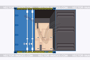 Blue sea container with open door - vector image