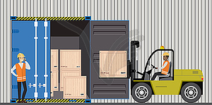 Forklift working with cargo container and product - vector clipart