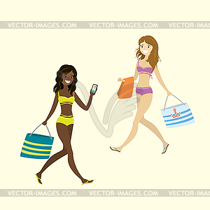 Walking happy girls in swimsuits,african american - vector image