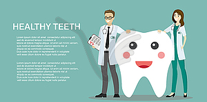 Male and female dentists and happy tooth - vector image