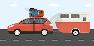 Modern red car with luggage on roof and caravan - vector image