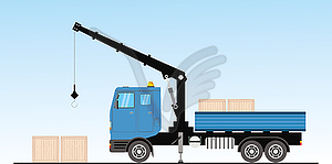 Blue Crane truck with wooden boxes - vector image