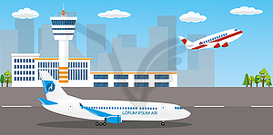 Здания аэропорта, диспетчерская вышка, взлетно-посадочная полоса и - изображение в векторе / векторный клипарт