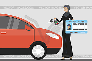 Happy Arab Girl or Saudi woman with driver license - vector image