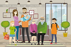 Family portrait in home interior. Home furniture - vector clipart